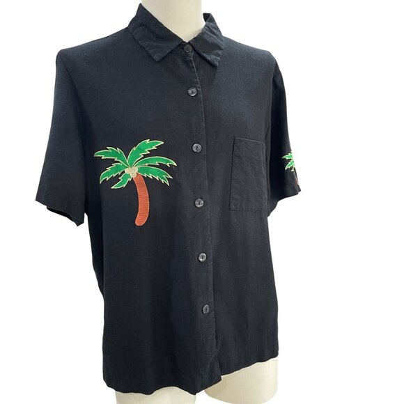Tropical Palm Tree Button Shirt Black Linen Blend Beach Coastal Resort Vacation - Picture 7 of 8